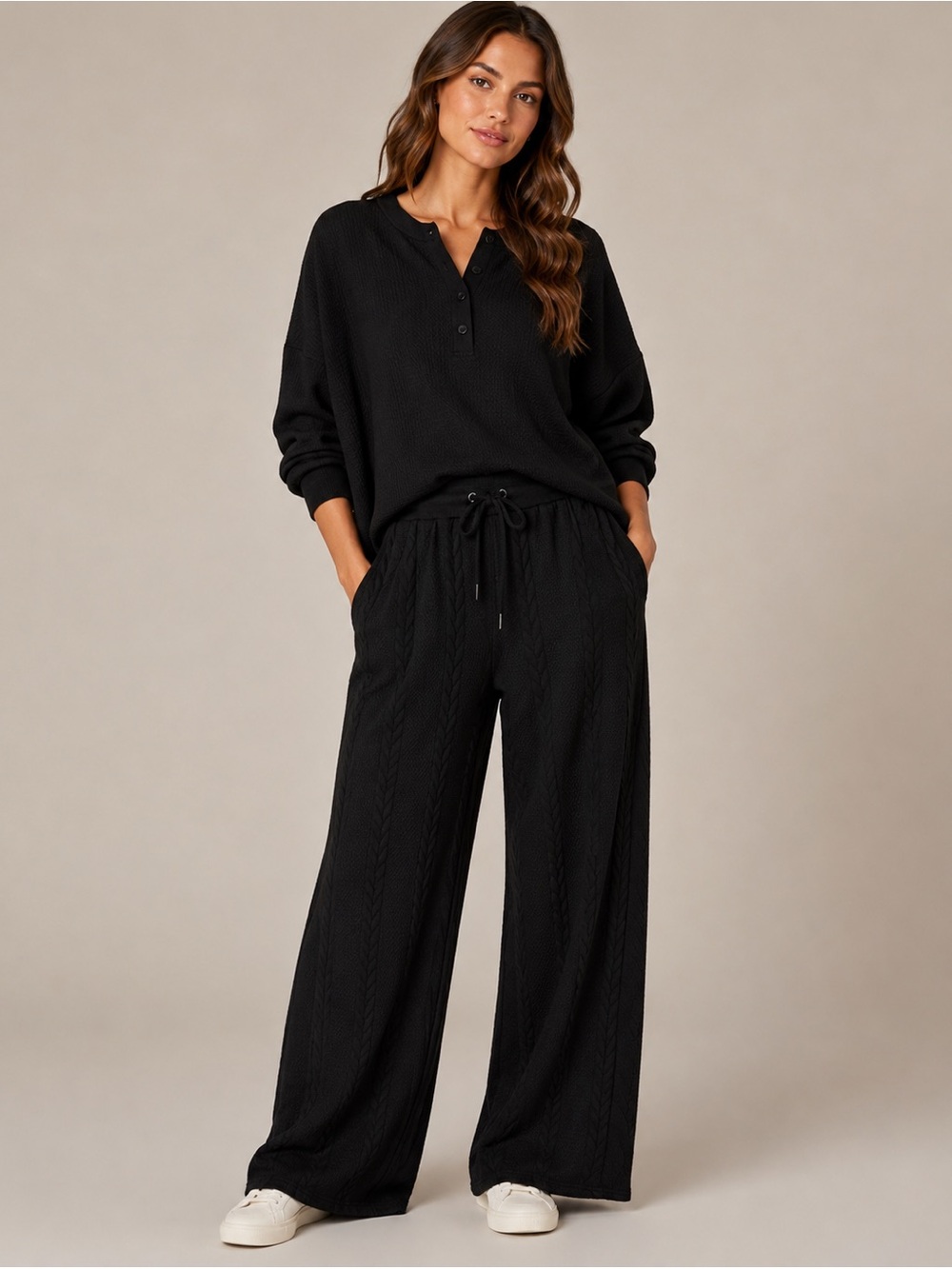 Very J Black Cable-knit Textured Wide-leg Trouser Sweats NWT